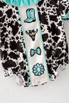 Cow printed baby romper with aqua ruffle hem. RPG64274 JEAN