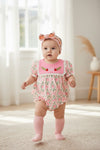 Pink pumpkin printed baby romper with embroidered detail. RPG64338 SOL