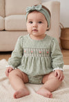 Cameo green Plaid and smocked baby romper with embroidered flowers. RPG64368 AMY