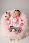 Pink santa printed baby romper with bell sleeves and snaps. RPG65054 SOL