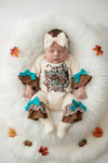 Cream western printed baby romper with bell sleeves and snaps. RPG65077 SOL