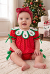 Cute embroidered candy cane baby set w/ printed polka dot on red. RPG65137 SOL