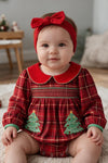 Plaid smocked baby jumpsuit with Christmas tree. RPG65242 AMY