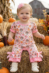 Turkey & pumpkin printed romper w/ pink ruffle hem. RPG65247 SOL