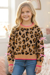 Leopard printed pullover sweater with fuchsia trim and lt. pink bows on sleeves. TPG60423 JEAN