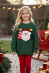Forest green Santa applique sweater with distressed detail. TPG60759 SOL