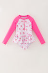 Ditsy floral swimsuit with fuchsia long sleeves. Amy
