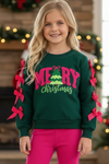 Green and Merry Christmas application top with fuchsia bows on sleeves. TPG60718 MON