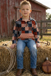 Yeehaw brown & black multi-printed patch pullover. TPB60313 JEAN