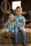 Aqua western printed baby bodysuit w/ hand & foodie fold over. RPB60455 SOL
