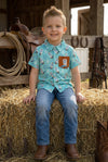 Aqua western boot printed button up shirt with side pocket. TPB60368 AMY