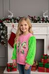 Pink girls sweatshirt with green fur. TPG60310 SOL