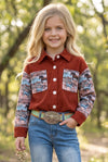 Maroon horse printed long sleeve & front pocket button up shirt. TPG60343 BRE