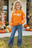 Orange Thankful knit sweater with embroidered flowers on sleeves. TPG60420 MON