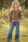 Leopard printed pullover sweater with fuchsia trim and lt. pink bows on sleeves. TPG60423 JEAN