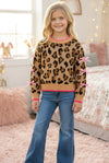 Leopard printed pullover sweater with fuchsia trim and lt. pink bows on sleeves. TPG60423 JEAN