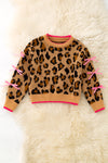 Leopard printed pullover sweater with fuchsia trim and lt. pink bows on sleeves. TPG60423 JEAN
