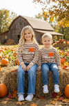 Unisex brown stripe on ivory knit sweater w/ pumpkin on a truck. TPG60458 AMY