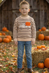 Unisex brown stripe on ivory knit sweater w/ pumpkin on a truck. TPG60458 AMY