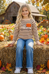 Unisex brown stripe on ivory knit sweater w/ pumpkin on a truck. TPG60458 AMY