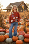 Rust Knit sweater with embroidered pumpkins & flowers. TPG60459 AMY