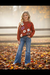 Rust Knit sweater with embroidered pumpkins & flowers. TPG60459 AMY