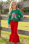 Cowboy western boots on green top with bow detail on sleeves. TPG60475 Mon