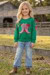 Cowboy western boots on green top with bow detail on sleeves. TPG60475 Mon