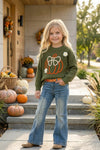 Olive green knit sweater w/ pumpkin embroidered. TPG60576 JEAN