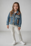Lt. Blue denim jacket with leopard printed detail. TPG60613 Mon