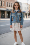 Lt. Blue denim jacket with leopard printed detail. TPG60613 Mon
