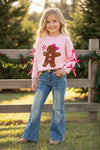 Ginger cookie pink knit sweater with bow on sleeves. TPG60738 MON