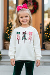 Multi color embroidered Christmas tree on white sweater. TPG60742 MON