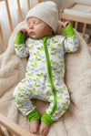 Green duck printed baby romper with fold over hands & footies. LR0505-9-AMY