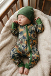 Mini hunter multi printed baby romper w/ fold over hands and footie. LR0505-8AMY