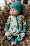 Elk printed on ivory baby romper with fold over hands and footie. LR0505-6-AMY