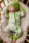Green duck printed baby romper with fold over hands & footies. LR0505-9-AMY