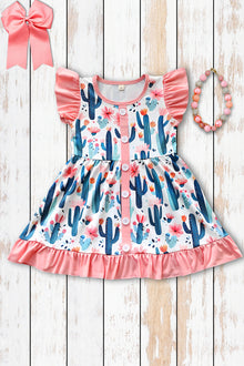  Cactus printed girls dress with angel sleeve. GSD101708- AMY