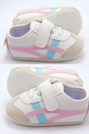 Off white infant tennis shoes with pink & blue design & velcro. YSA007P