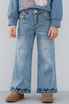 Navy blue embroidered hem denim pants. PNG60325 AMY