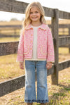 Hot Pink ditsy floral quilted jacket w/ivory lace hem. TPG60367 SOL