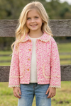 Hot Pink ditsy floral quilted jacket w/ivory lace hem. TPG60367 SOL