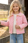 Hot Pink ditsy floral quilted jacket w/ivory lace hem. TPG60367 SOL