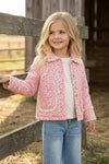 Hot Pink ditsy floral quilted jacket w/ivory lace hem. TPG60367 SOL