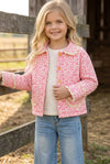 Hot Pink ditsy floral quilted jacket w/ivory lace hem. TPG60367 SOL