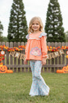 Coral Turkey applique tunic with blue floral bottoms. OFG61932 SOL