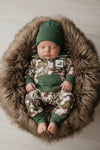 Mallard duck embroidered path on the side with camouflage print baby romper. LR0425-13-AMY