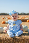 Lt. Blue embroidered pumpkin baby romper with 2 floral bows. SR0425-29-SOL