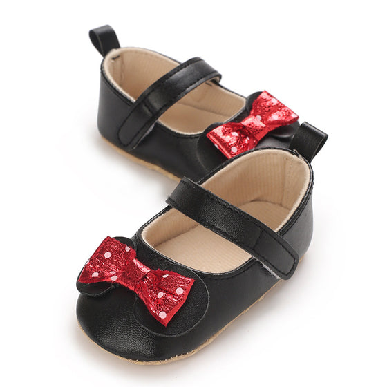 Black dressy baby shoes w/red front bow. BYQ4150B-