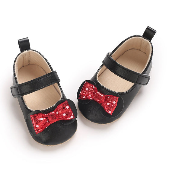 Black dressy baby shoes w/red front bow. BYQ4150B-